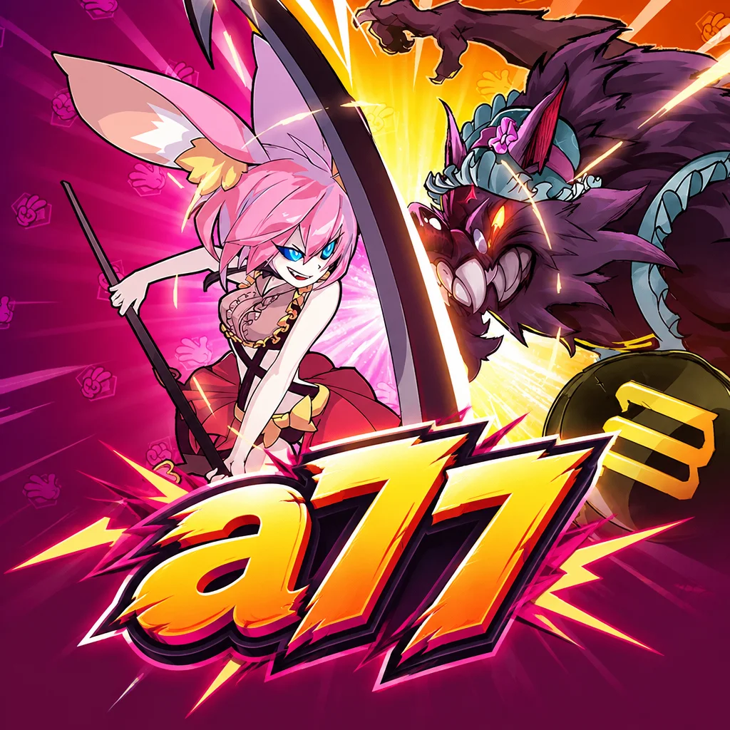 Ilustrasi karakter Si Tudung Merah dan Serigala dalam game Hood vs Wolf bersama logo a77