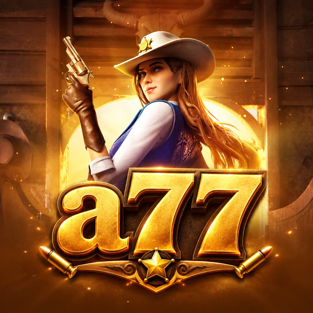 Karakter koboi wanita memegang pistol berlatar saloon dengan logo emas a77 pada game Wild Bounty Showdown