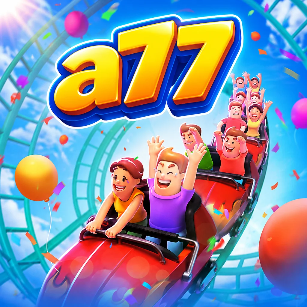 Logo a77 dengan karakter ceria menaiki wahana roller coaster dalam game Wild Coaster